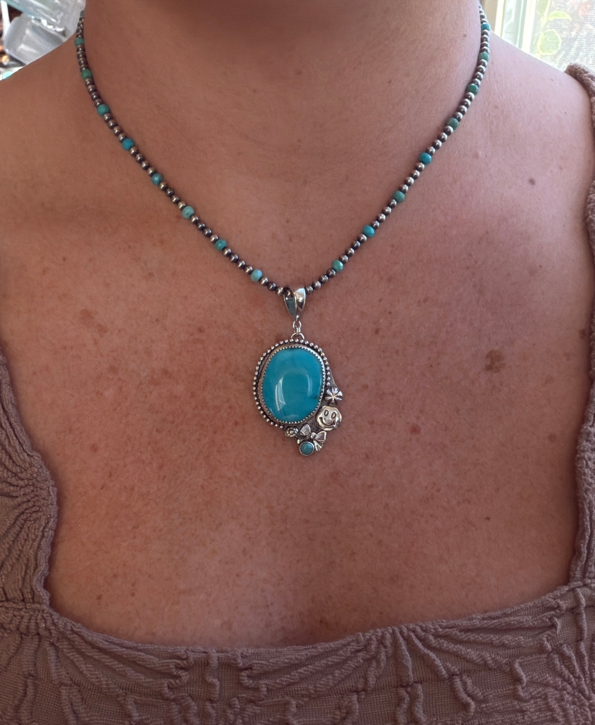 Kingman Turquoise on Silver pearls