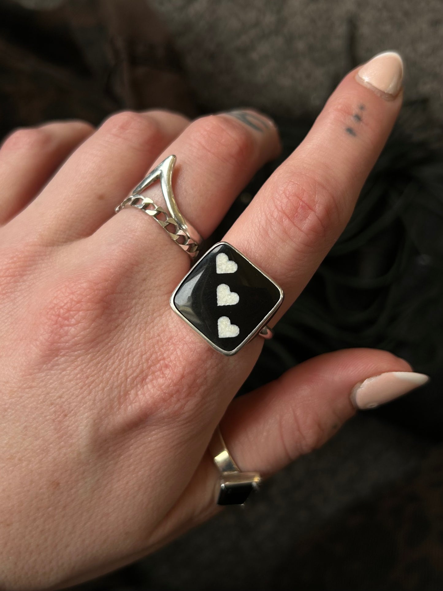 Black onyx heart dice ring size 9.5