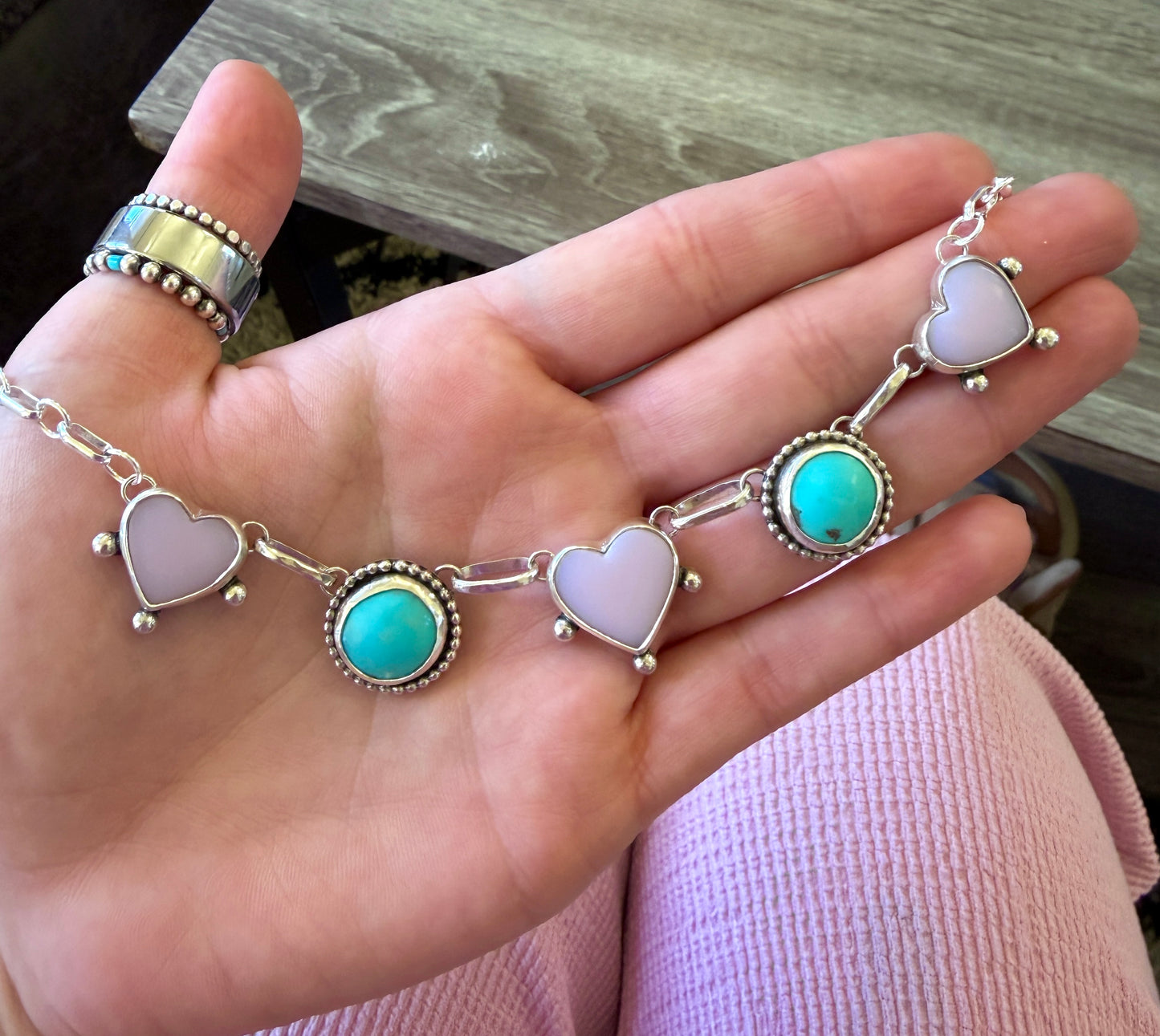 Pink chalcedony & turquoise choker