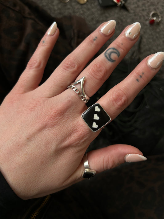 Black onyx heart dice ring size 9.5