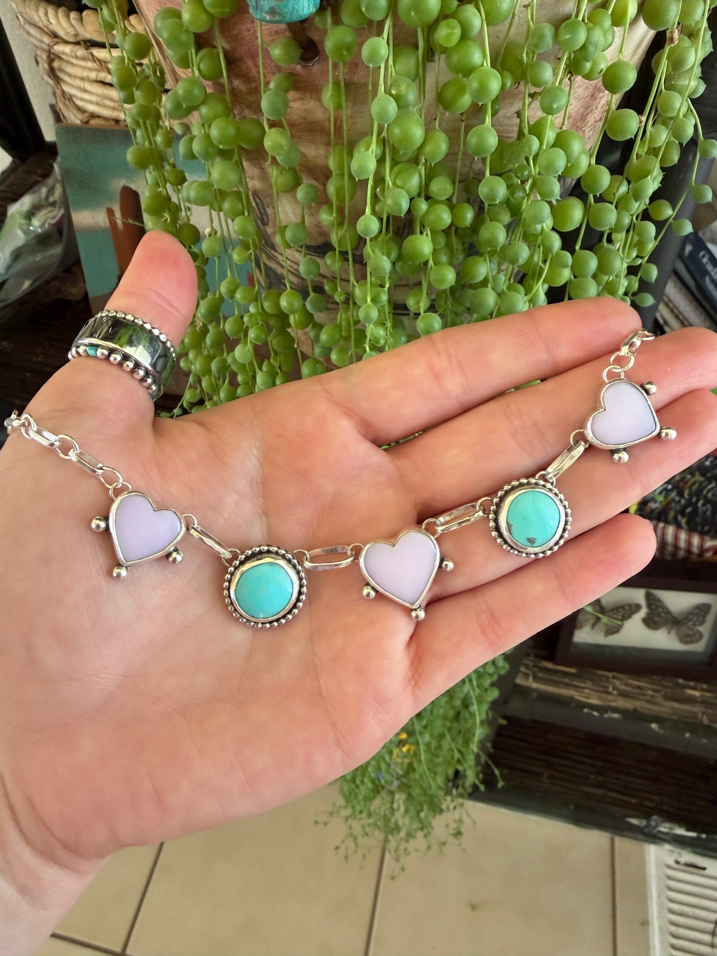 Pink chalcedony & turquoise choker